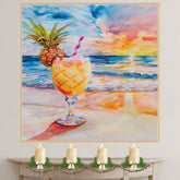 Refreshing Pina Colada on the Beach Watercolor Painting with Pineapple Garnish and Sunset Ocean Background on Ready to Hang 1.5" Thick Canvas Wrap, Floating Framed Canvas, Flat Rolled Canvas